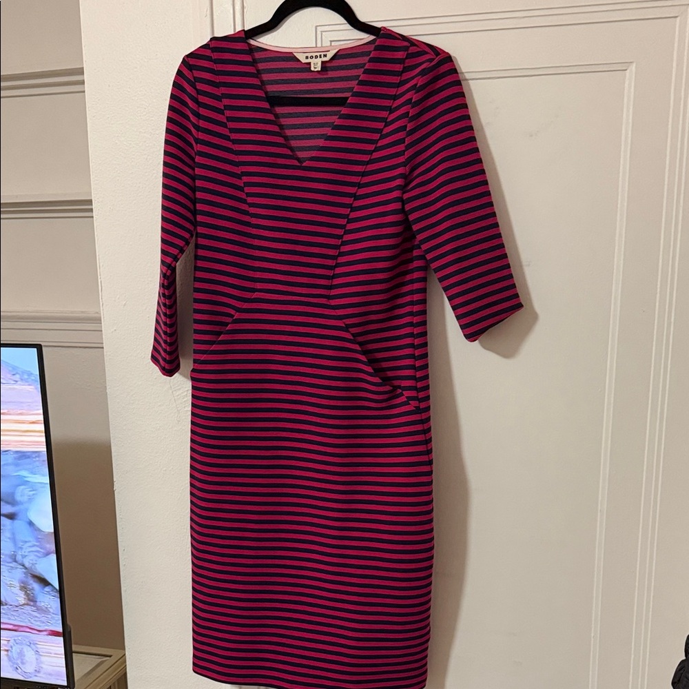 Boden Pink and Navy Striped Long Sleeve Dress